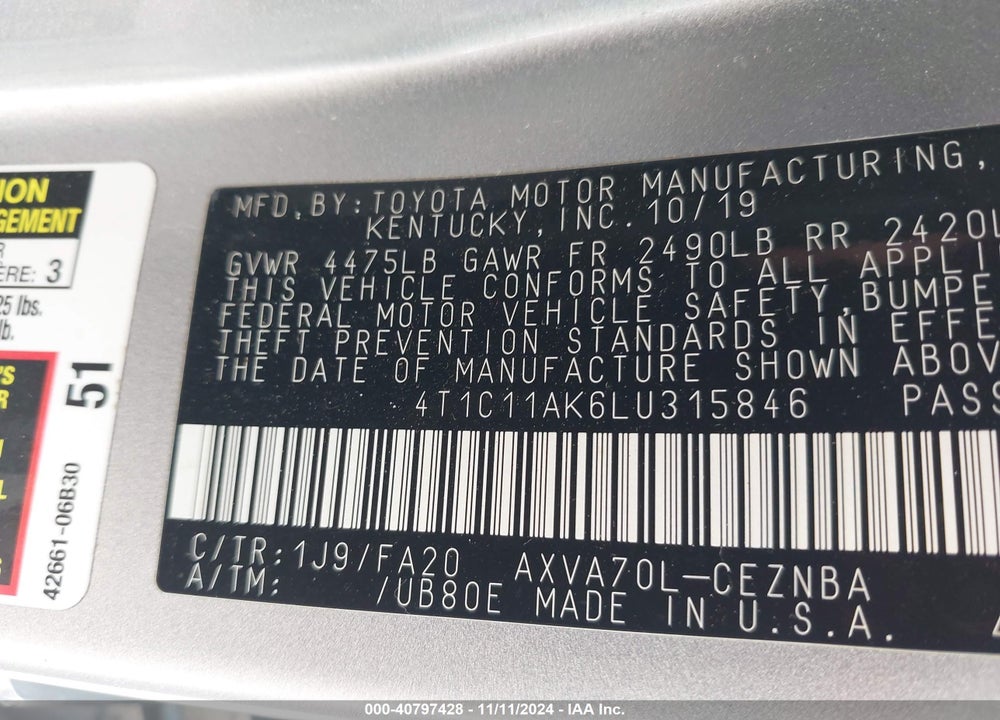 2020 TOYOTA CAMRY VIN: 4T1C11AK6LU315846