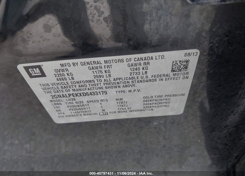 2013 CHEVROLET EQUINOX 2LT VIN: 2GNALPEKXD6433179
