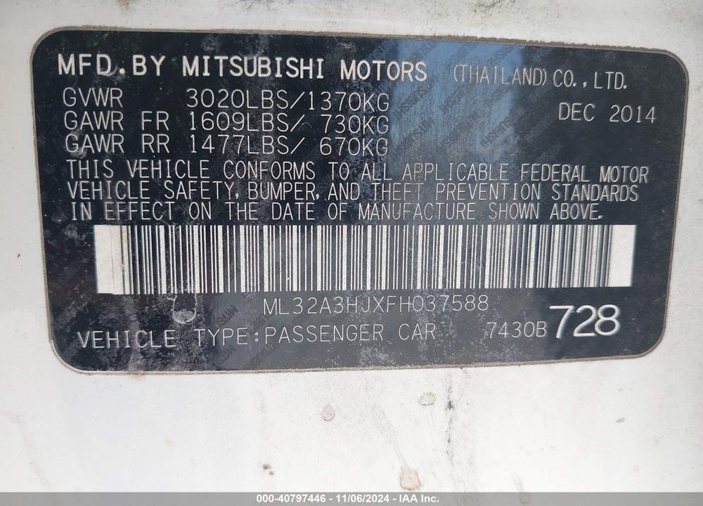 2015 MITSUBISHI MIRAGE DE/RF VIN: ML32A3HJXFH037588