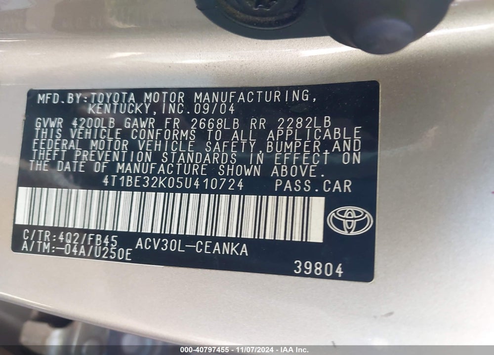 2005 TOYOTA CAMRY LE VIN: 4T1BE32K05U410724