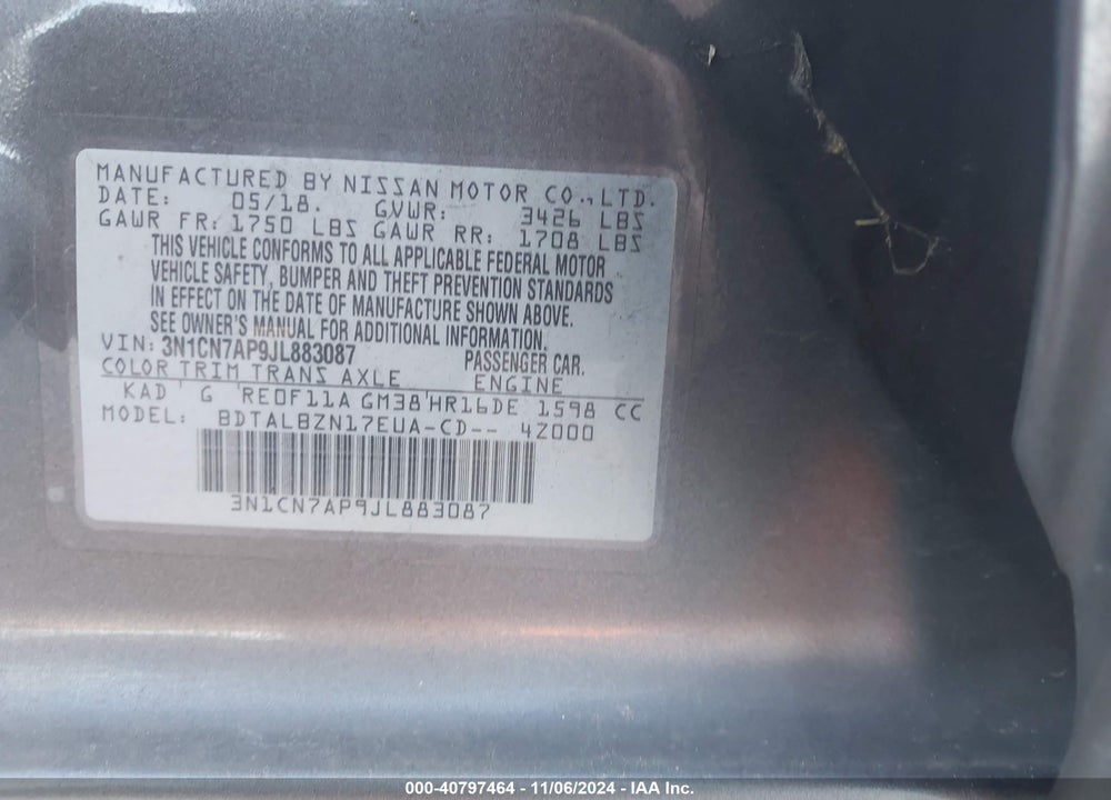 2018 NISSAN VERSA 1.6 SV VIN: 3N1CN7AP9JL883087