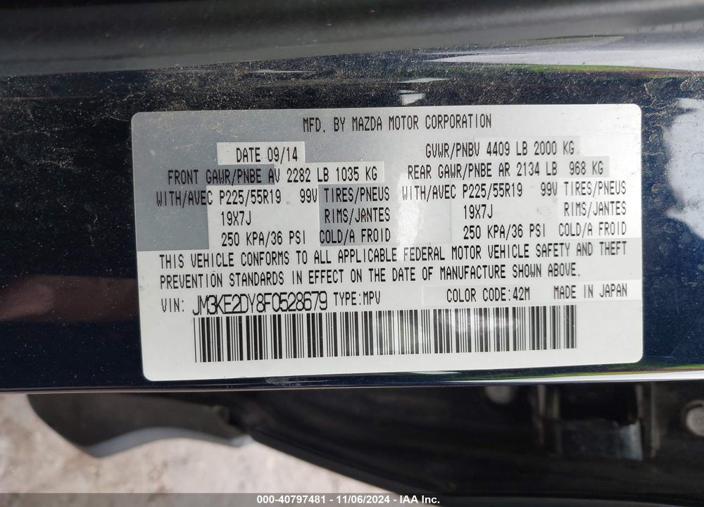 2015 MAZDA CX-5 GRAND TOURING VIN: JM3KE2DY8F0528679