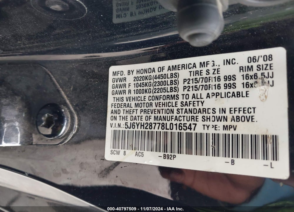 2008 HONDA ELEMENT EX VIN: 5J6YH28778L016547