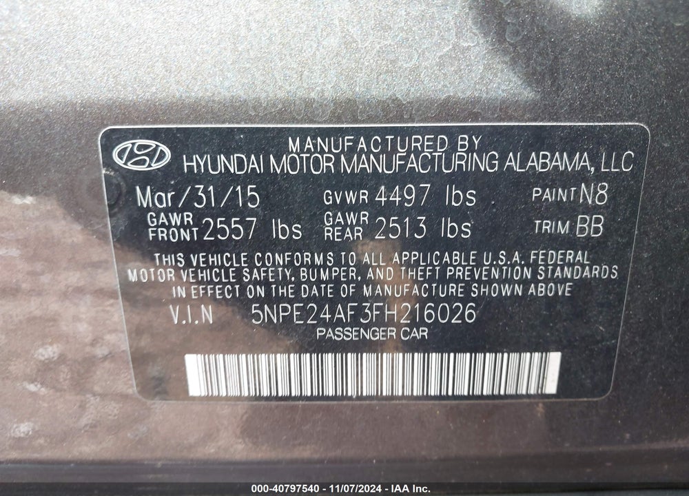 2015 HYUNDAI SONATA SE VIN: 5NPE24AF3FH216026