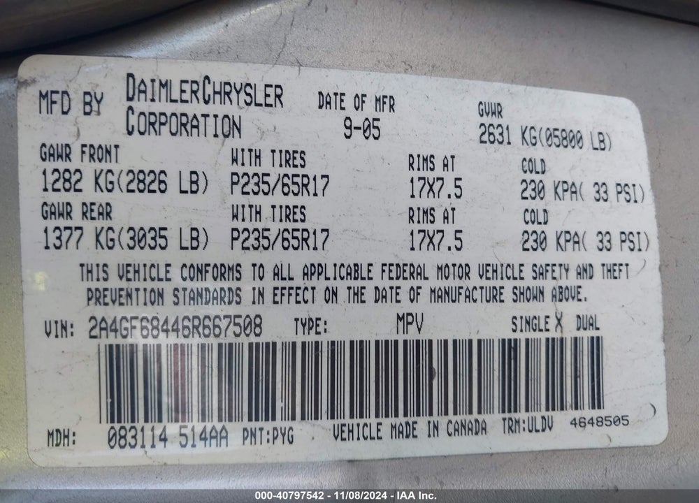 2006 CHRYSLER PACIFICA TOURING VIN: 2A4GF68446R667508