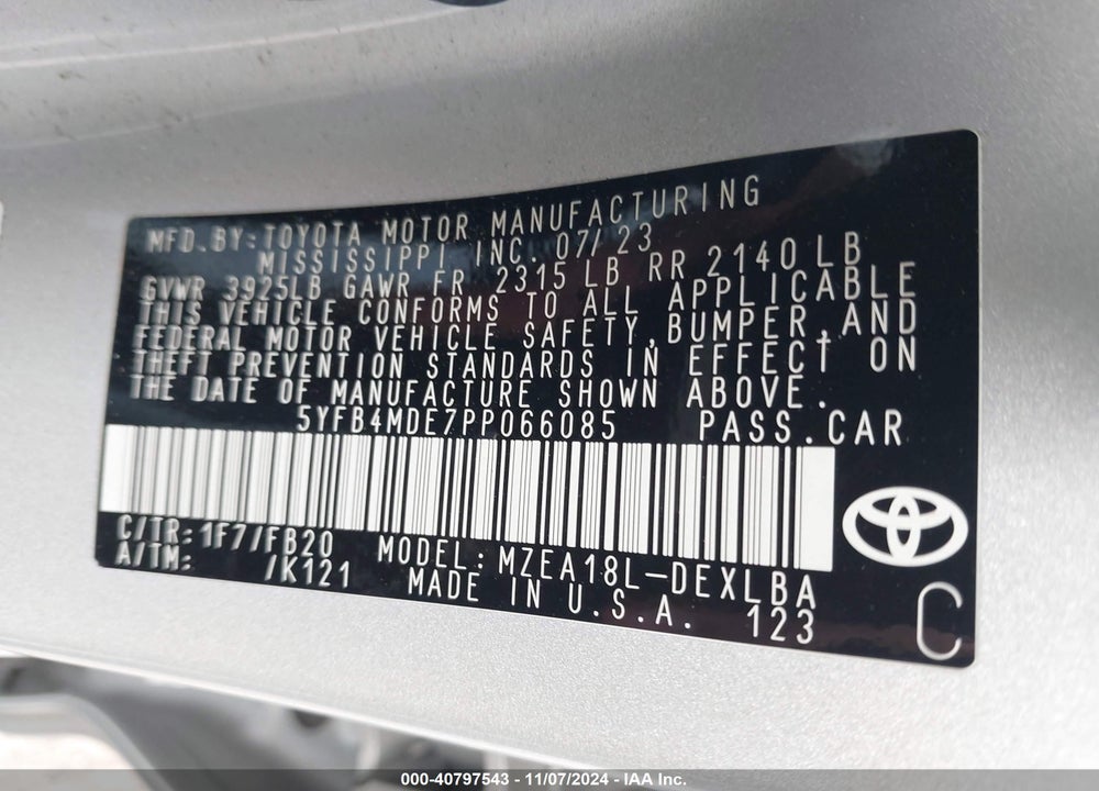2023 TOYOTA COROLLA LE VIN: 5YFB4MDE7PP066085