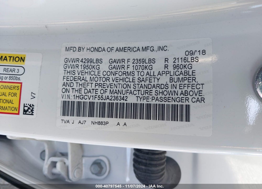 2018 HONDA ACCORD EX-L VIN: 1HGCV1F55JA236342