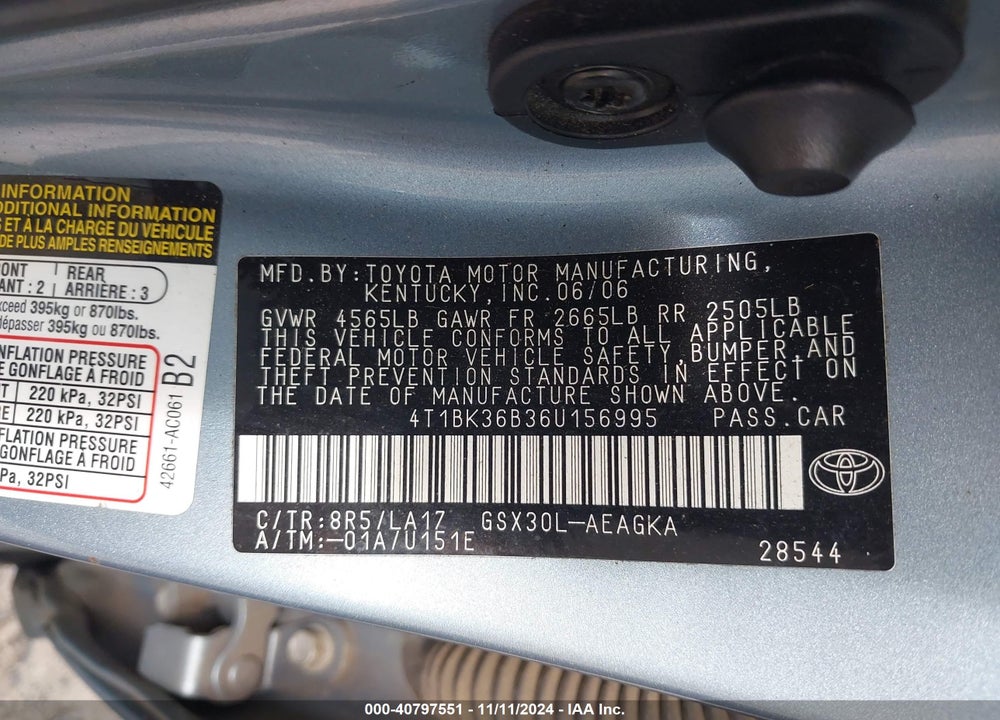 2006 TOYOTA AVALON XLS VIN: 4T1BK36B36U156995