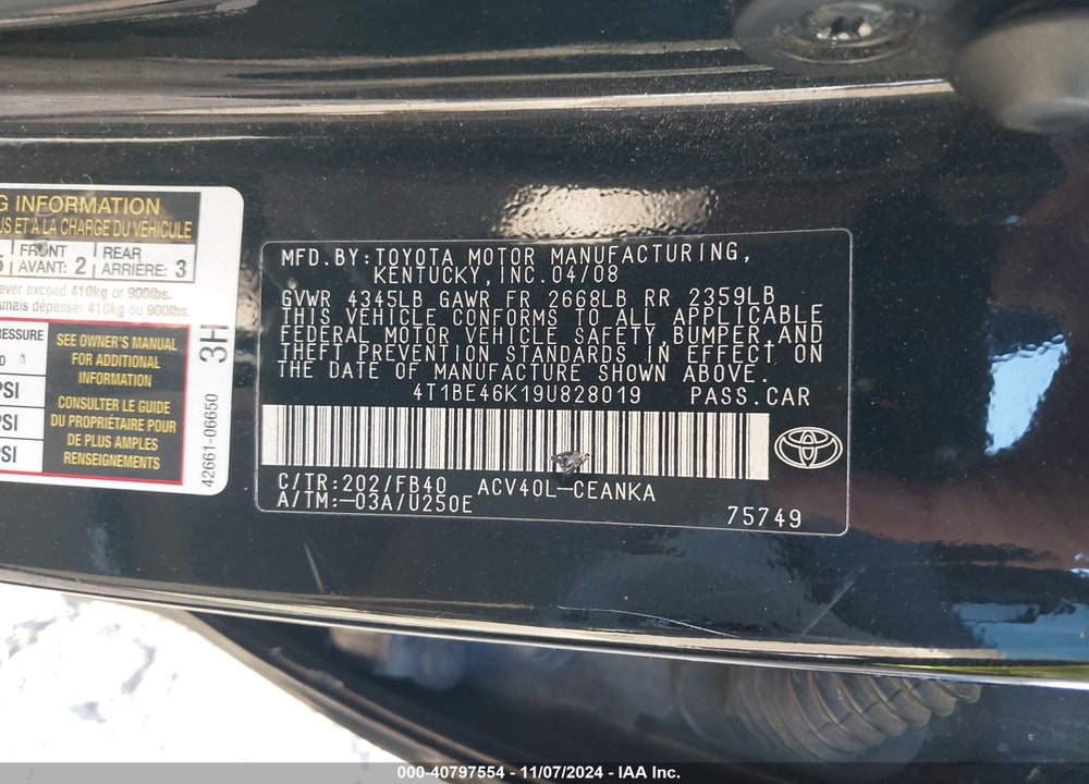 2009 TOYOTA CAMRY LE VIN: 4T1BE46K19U828019