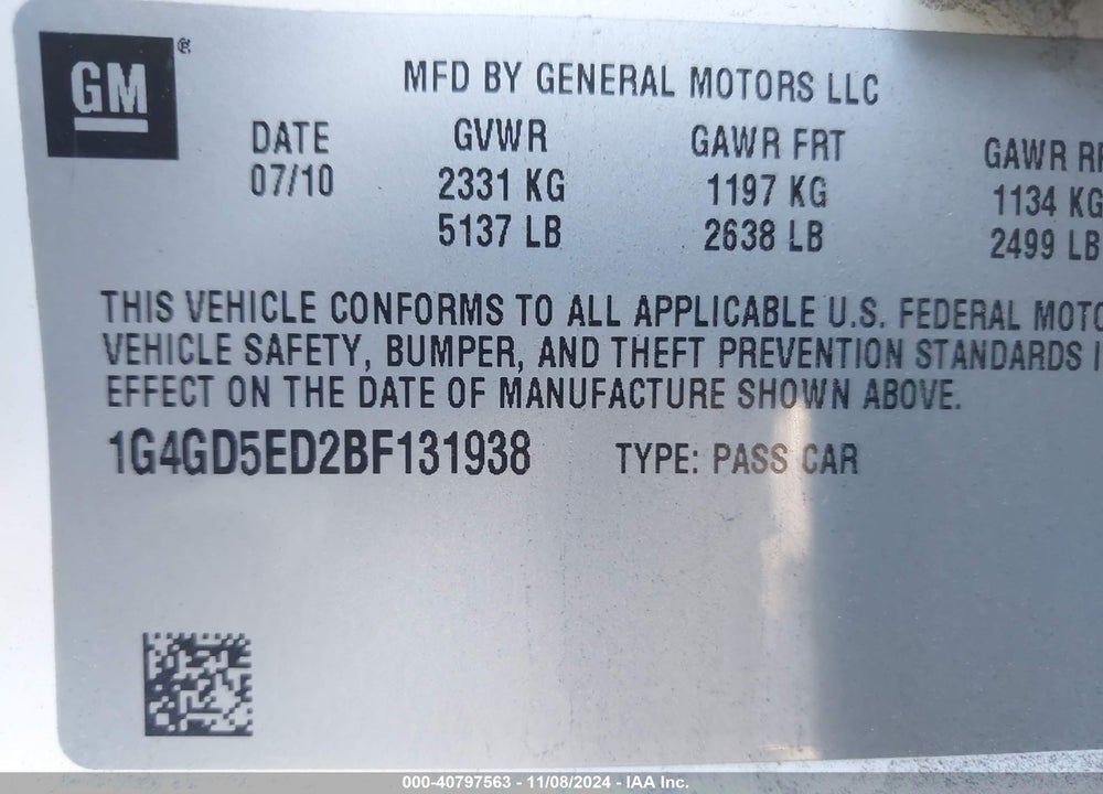 2011 BUICK LACROSSE CXL VIN: 1G4GD5ED2BF131938