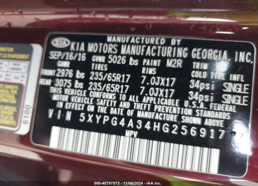 2017 KIA SORENTO 2.4L LX VIN: 5XYPG4A34HG256917