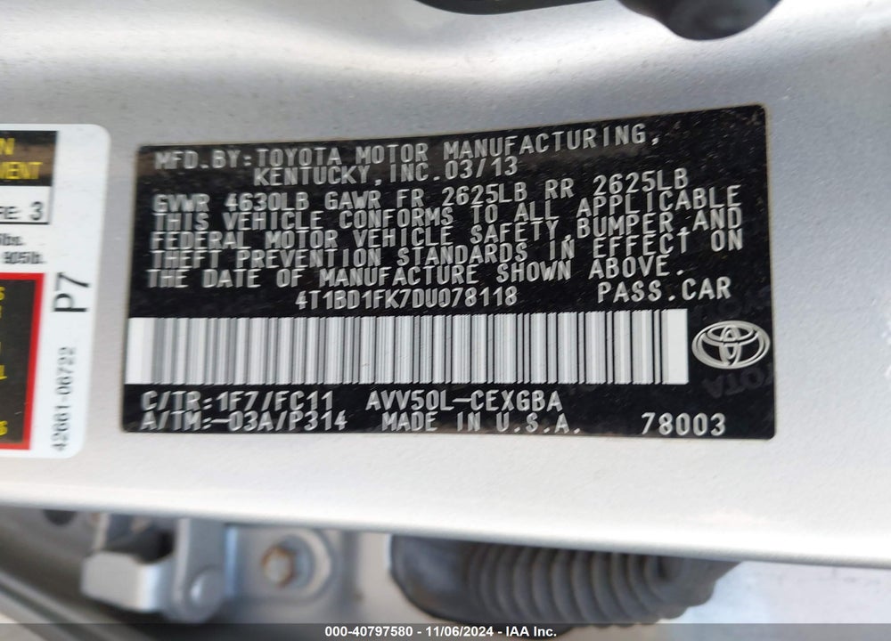 2013 TOYOTA CAMRY HYBRID XLE VIN: 4T1BD1FK7DU078118