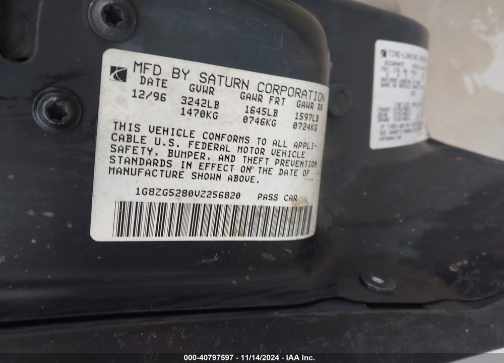 1997 SATURN SL SL1 VIN: 1G8ZG5280VZ256820