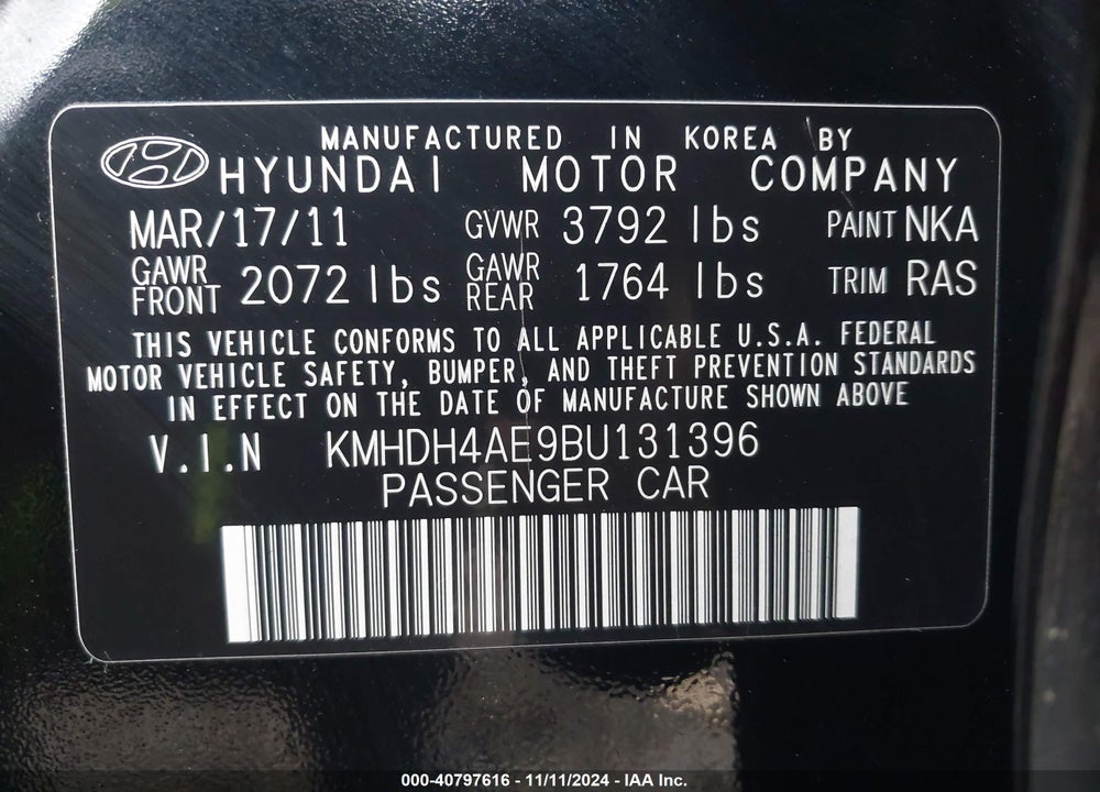 2011 HYUNDAI ELANTRA GLS (ULSAN PLANT) VIN: KMHDH4AE9BU131396