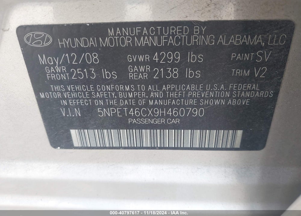 2009 HYUNDAI SONATA GLS VIN: 5NPET46CX9H460790