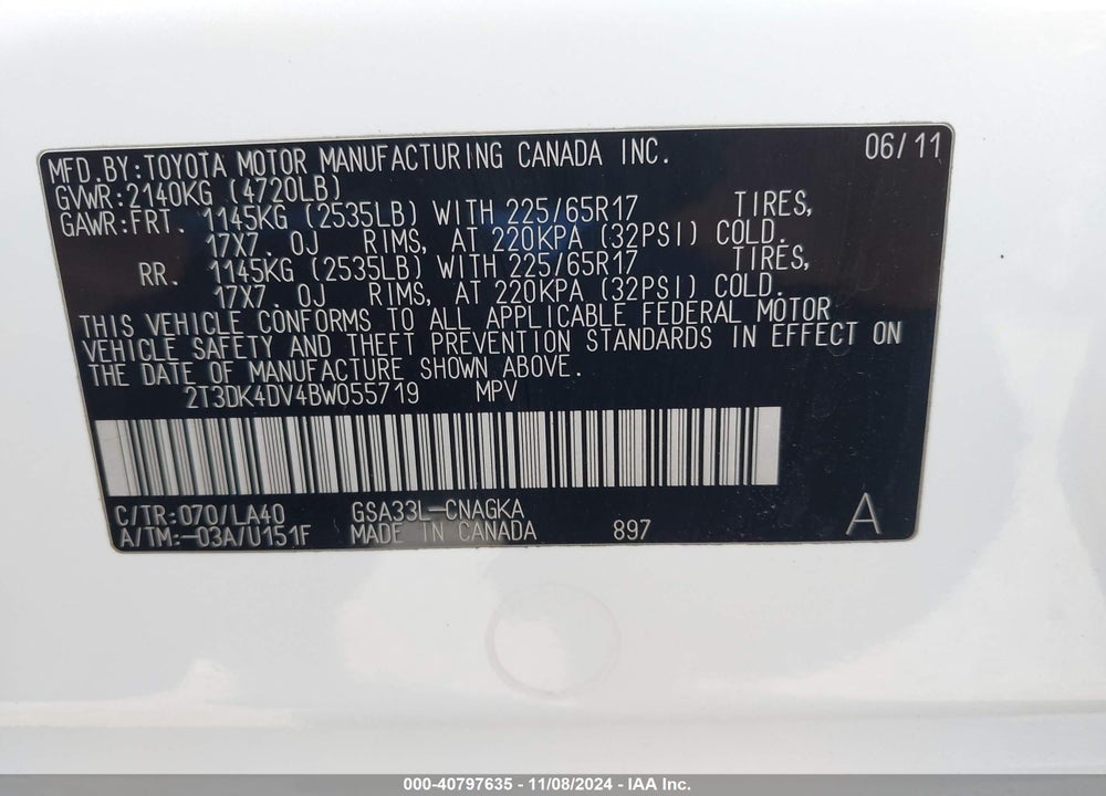 2011 TOYOTA RAV4 LIMITED VIN: 2T3DK4DV4BW055719