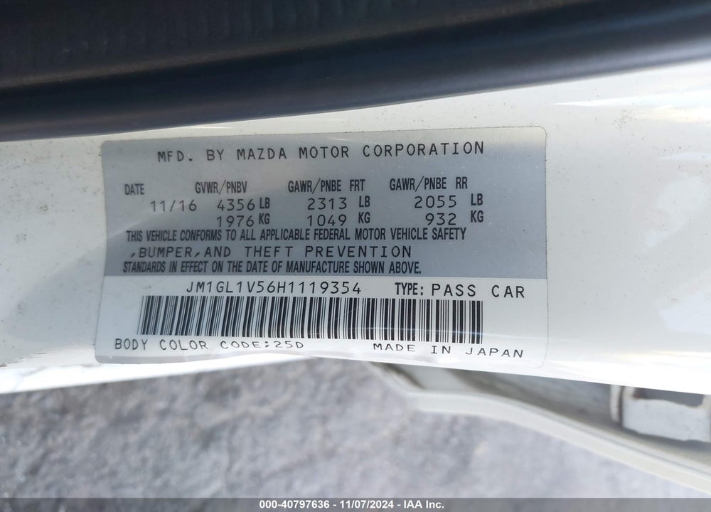 2017 MAZDA MAZDA6 VIN: JM1GL1V56H1119354