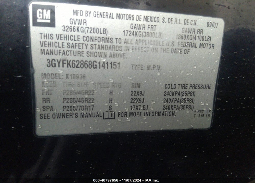 2008 CADILLAC ESCALADE EXT STANDARD VIN: 3GYFK62868G141151