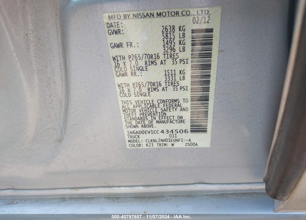 2012 NISSAN FRONTIER SV VIN: 1N6AD0EV1CC434506