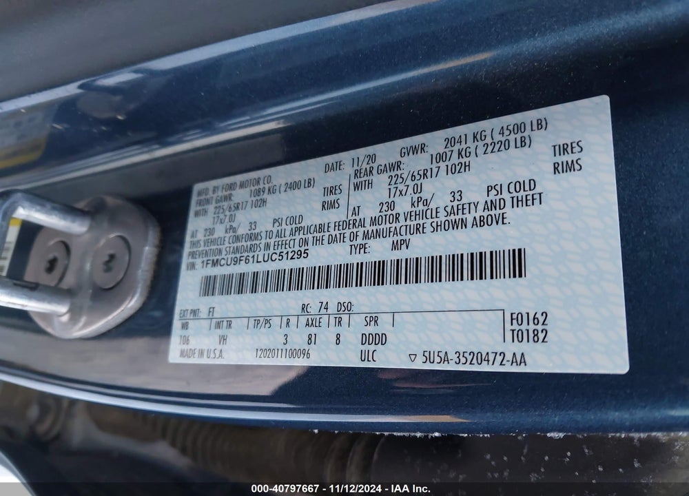 2020 FORD ESCAPE S VIN: 1FMCU9F61LUC51295