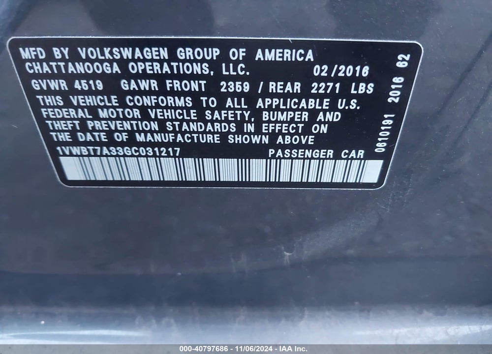 2016 VOLKSWAGEN PASSAT 1.8T SE VIN: 1VWBT7A33GC031217