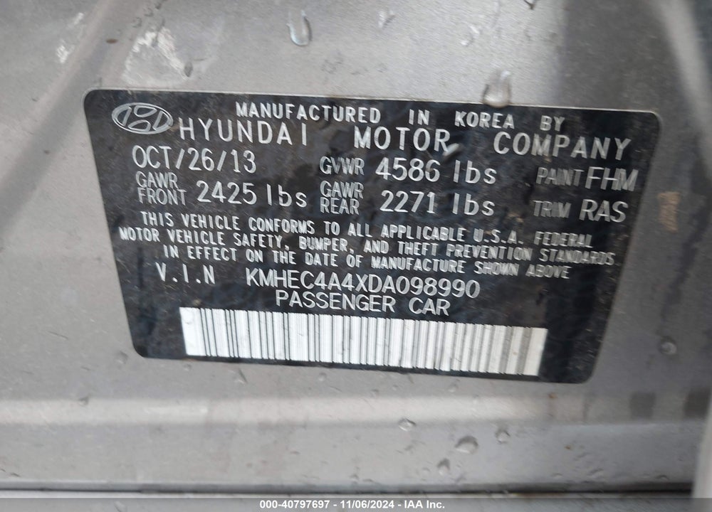 2013 HYUNDAI SONATA HYBRID LIMITED VIN: KMHEC4A4XDA098990