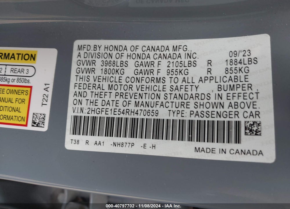 2024 HONDA CIVIC SI BASE (M6) VIN: 2HGFE1E54RH470659