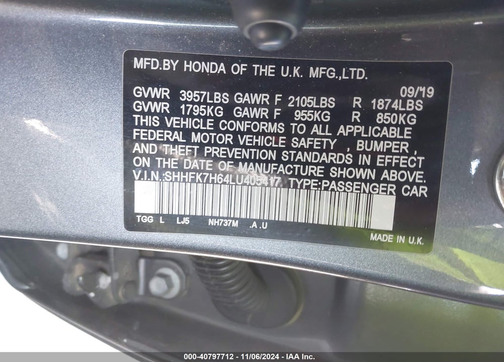 2020 HONDA CIVIC EX VIN: SHHFK7H64LU405417