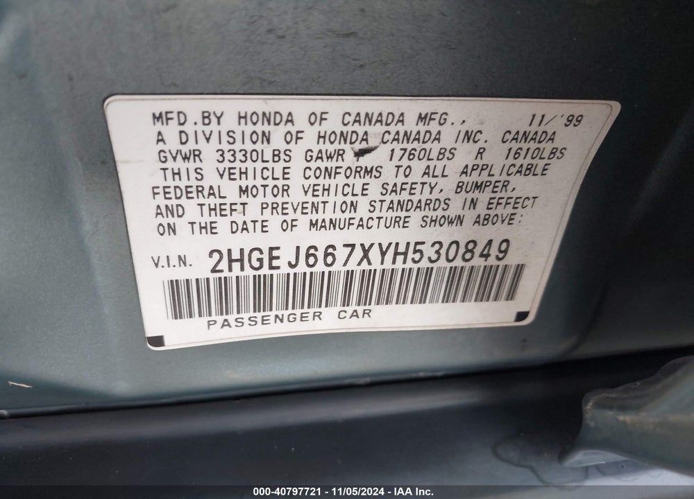 2000 HONDA CIVIC LX VIN: 2HGEJ667XYH530849