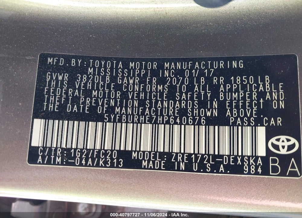 2017 TOYOTA COROLLA SE VIN: 5YFBURHE7HP640676