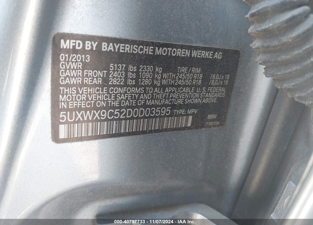 2013 BMW X3 XDRIVE28I VIN: 5UXWX9C52D0D03595