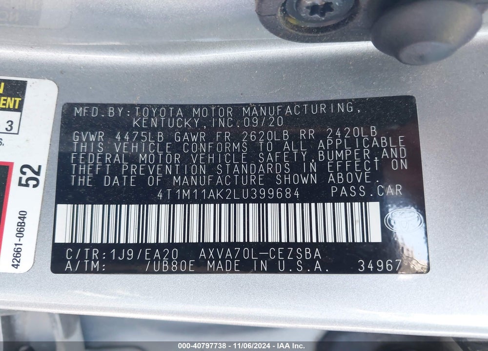 2020 TOYOTA CAMRY VIN: 4T1M11AK2LU399684
