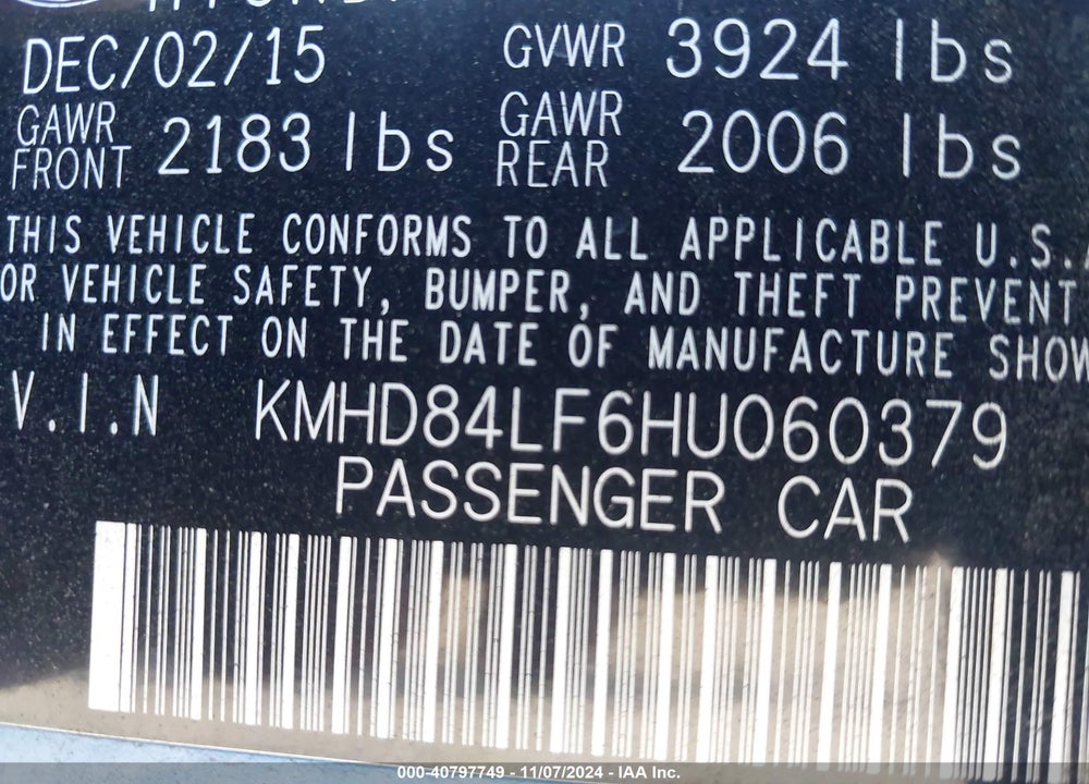 2017 HYUNDAI ELANTRA LIMITED VIN: KMHD84LF6HU060379