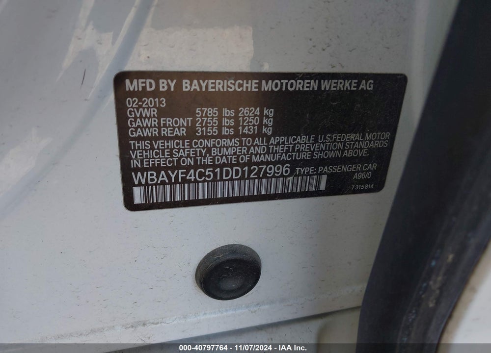2013 BMW 740 VIN: WBAYF4C51DD127996