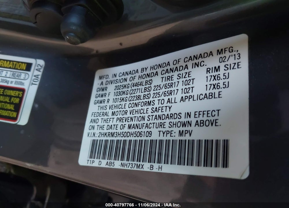 2013 HONDA CR-V EX VIN: 2HKRM3H50DH506109