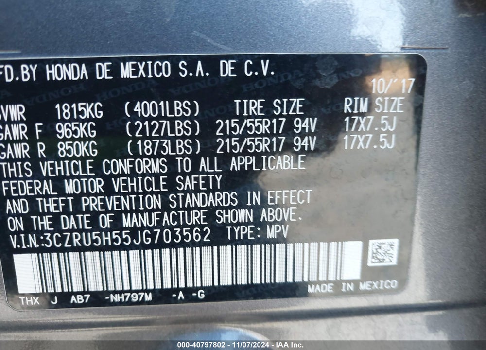 2018 HONDA HR-V EX VIN: 3CZRU5H55JG703562