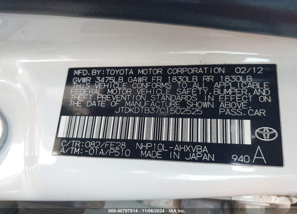 2012 TOYOTA PRIUS C ONE VIN: JTDKDTB37C1502525