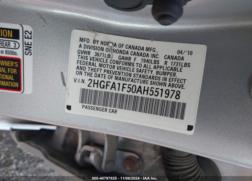 2010 HONDA CIVIC LX VIN: 2HGFA1F50AH551978