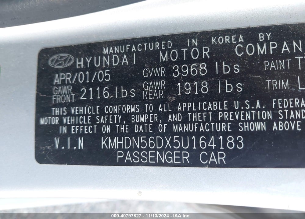 2005 HYUNDAI ELANTRA GLS/GT VIN: KMHDN56DX5U164183