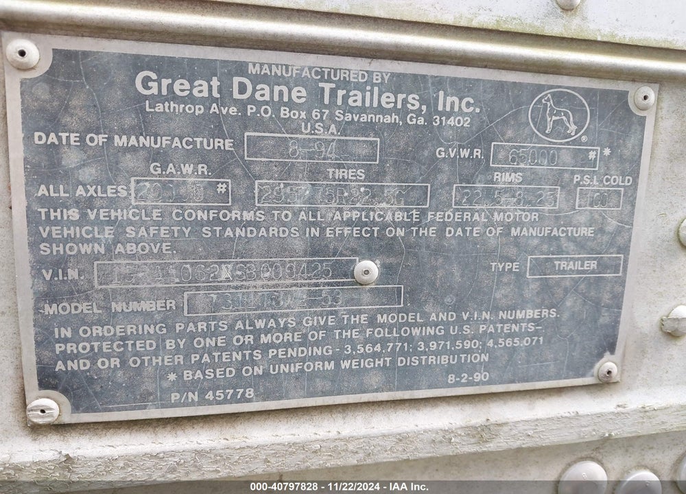 1995 GREAT DANE TRAILERS --- VIN: 1GRAA062XSB009425