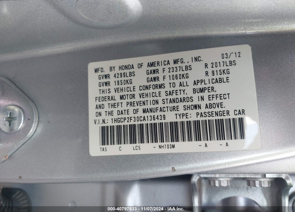 2012 HONDA ACCORD 2.4 LX VIN: 1HGCP2F30CA136439
