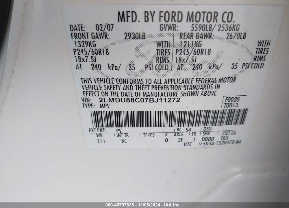 2007 LINCOLN MKX VIN: 2LMDU88C07BJ11272