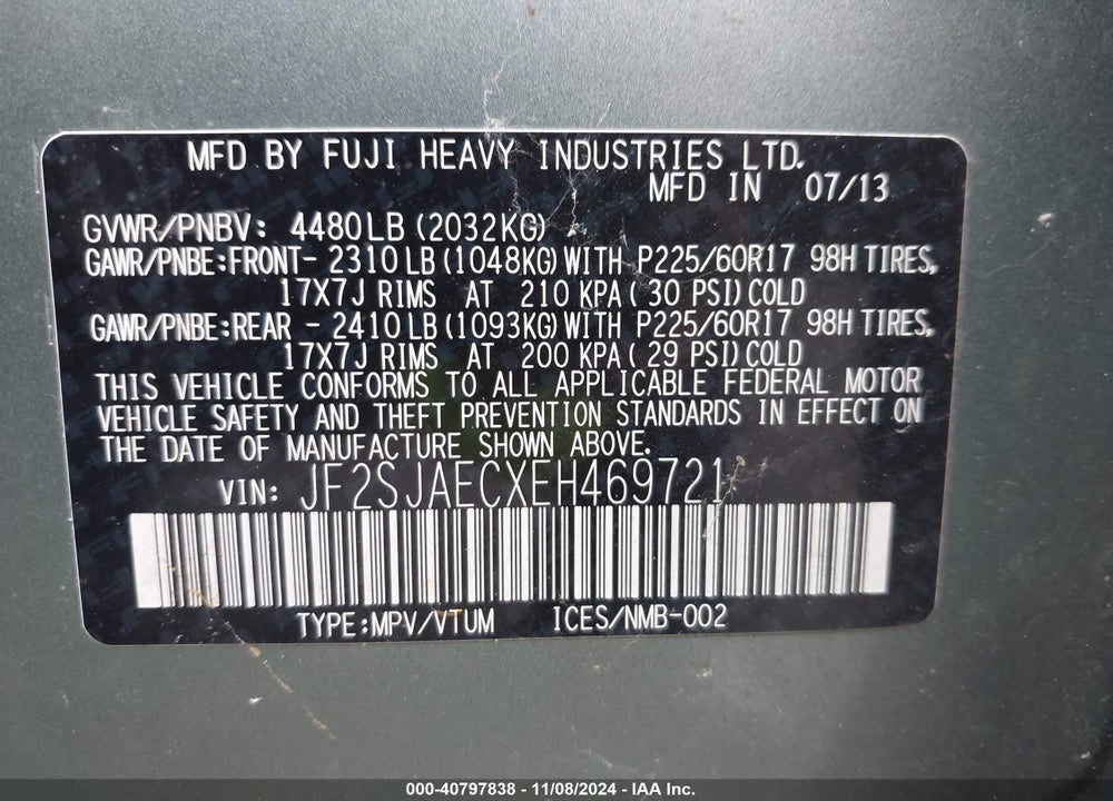 2014 SUBARU FORESTER 2.5I PREMIUM VIN: JF2SJAECXEH469721