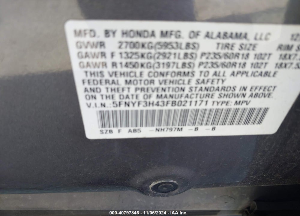 2015 HONDA PILOT EX VIN: 5FNYF3H43FB021171