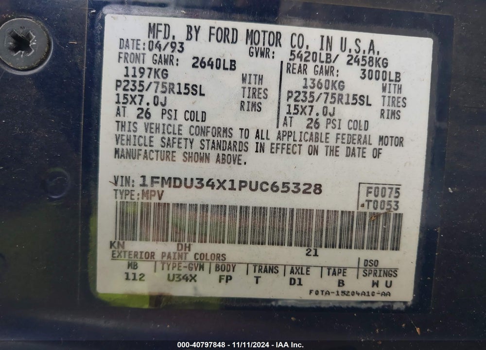 1993 FORD EXPLORER VIN: 1FMDU34X1PUC65328