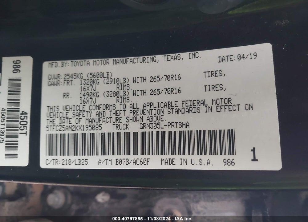2019 TOYOTA TACOMA TRD PRO VIN: 5TFCZ5AN2KX195085