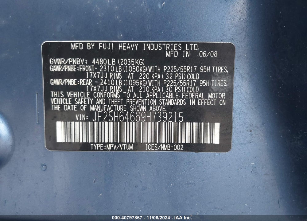 2009 SUBARU FORESTER 2.5X LIMITED VIN: JF2SH64669H739215