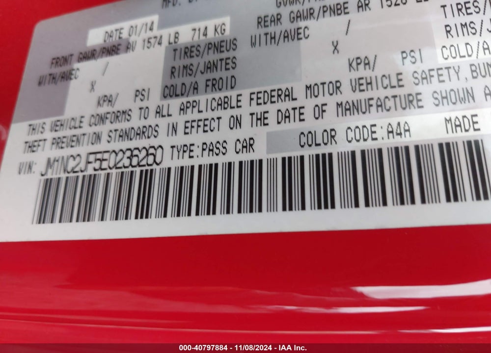 2014 MAZDA MX-5 MIATA SPORT VIN: JM1NC2JF5E0236260