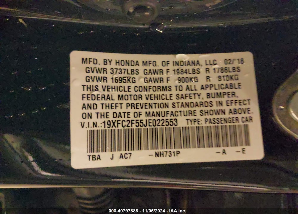 2018 HONDA CIVIC VIN: 19XFC2F55JE022553