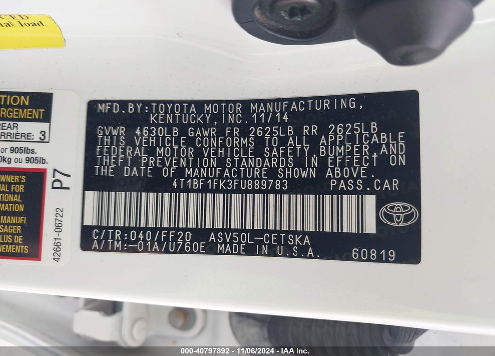 2015 TOYOTA CAMRY SE VIN: 4T1BF1FK3FU889783